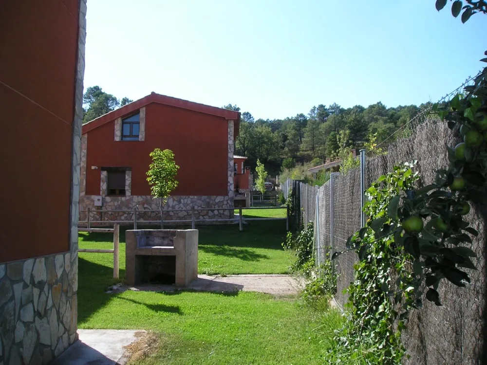 Zona de césped con la barbacoa y las casas al fondo